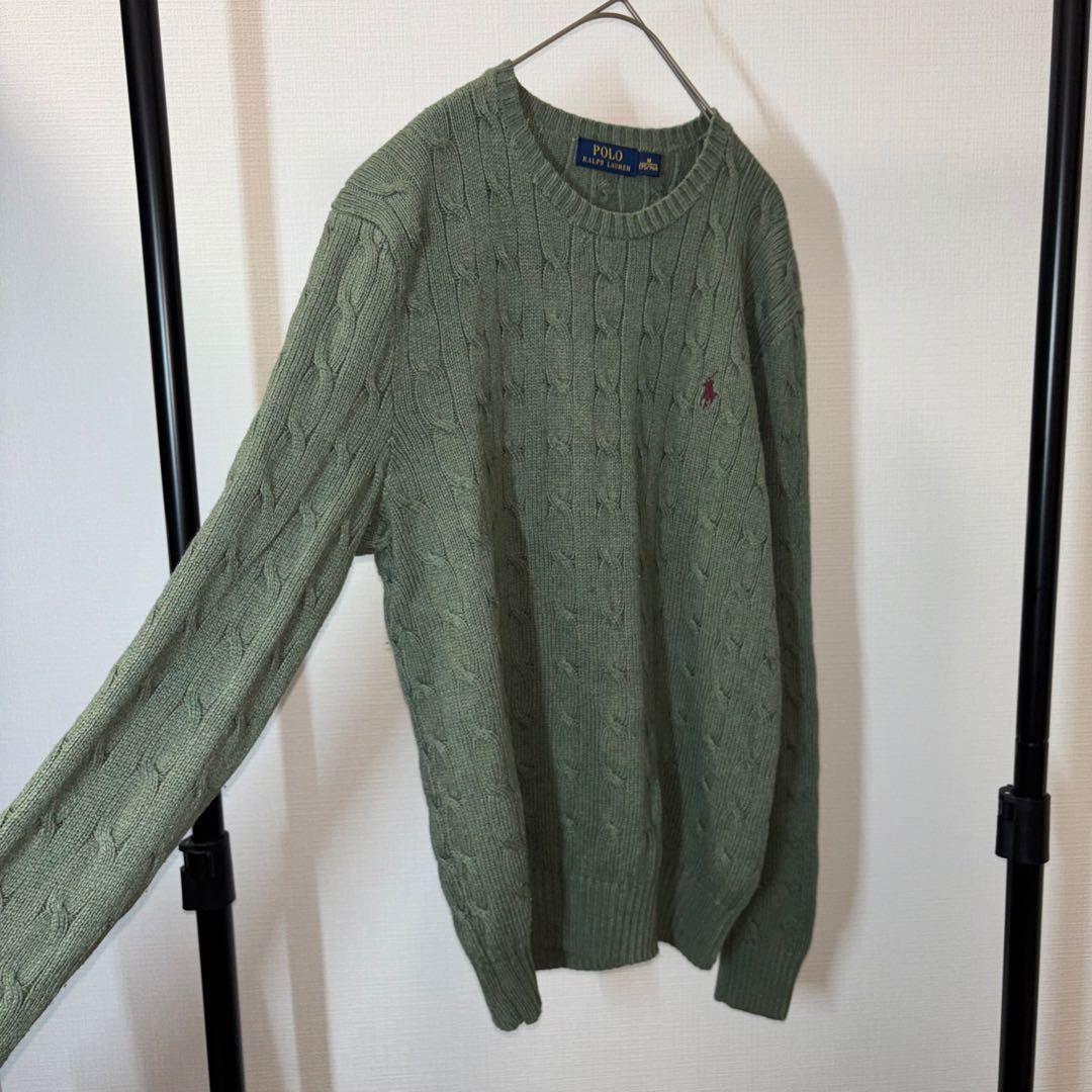 ポロラルフローレン シルク100% ケーブルニットセーター ロゴ刺繍 カーキ M