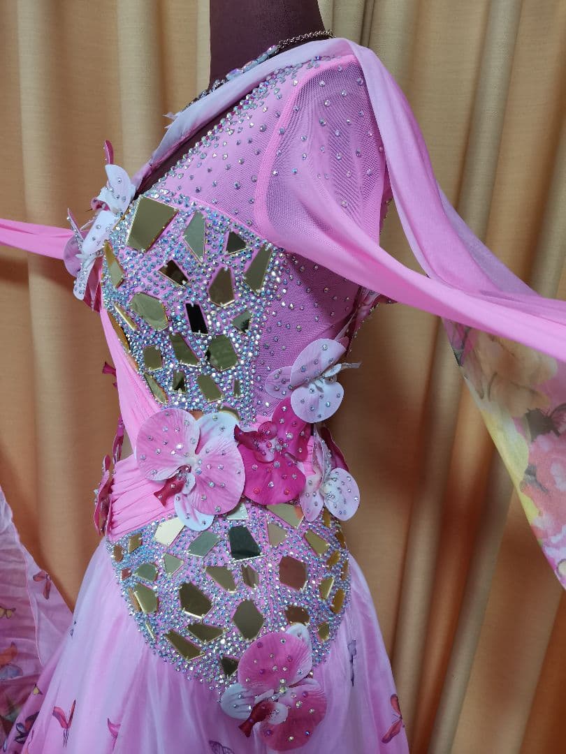 TY社交ダンス スタンダードドレス デモ競技 M　ピンク花柄　豪華