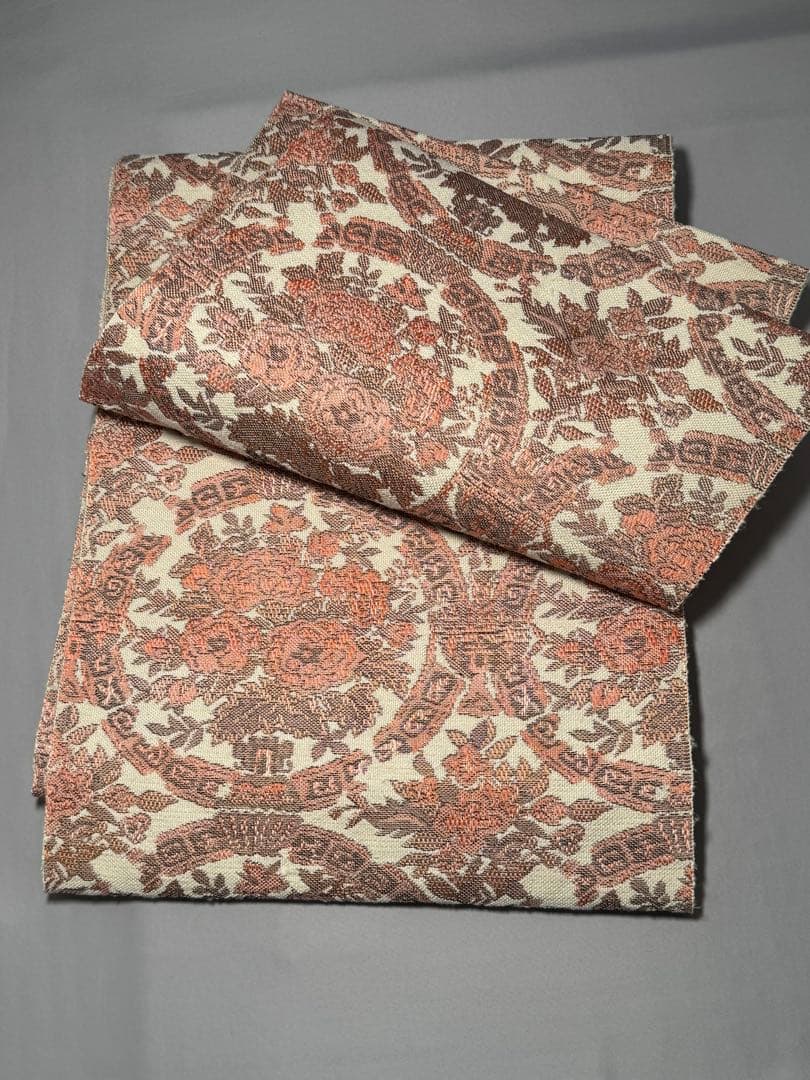 [美品] 紬地　名古屋帯　正絹　白練色　白　更紗　洒落帯　小紋　紬　無地　お茶