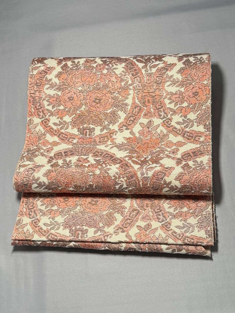 [美品] 紬地　名古屋帯　正絹　白練色　白　更紗　洒落帯　小紋　紬　無地　お茶