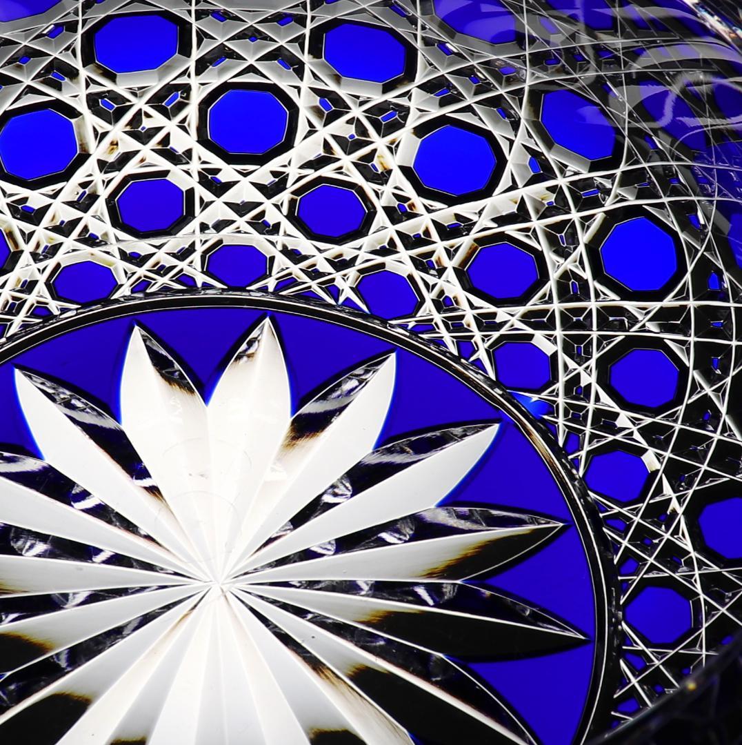 オールド・バカラ上級作品 19世紀 24cm 青色被せ装飾特大切子鉢 ディアマン