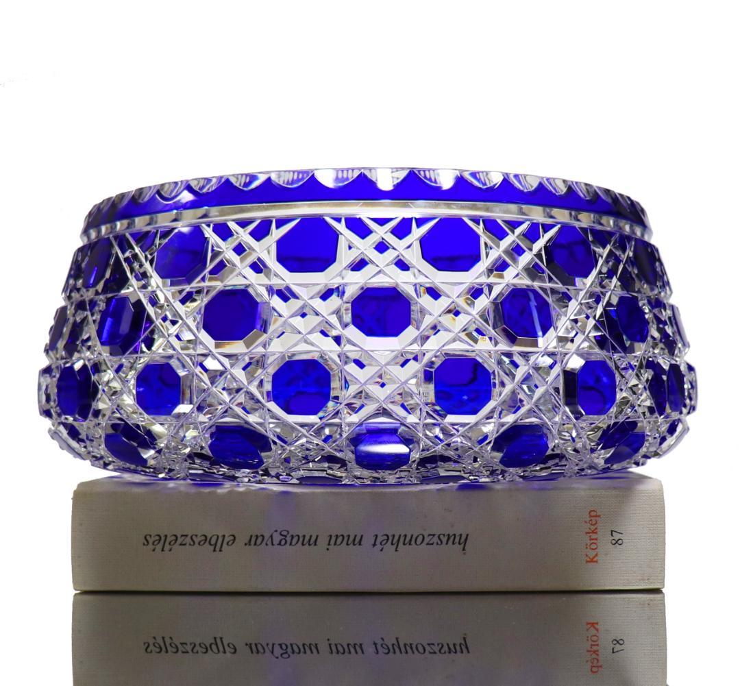 オールド・バカラ上級作品 19世紀 24cm 青色被せ装飾特大切子鉢 ディアマン