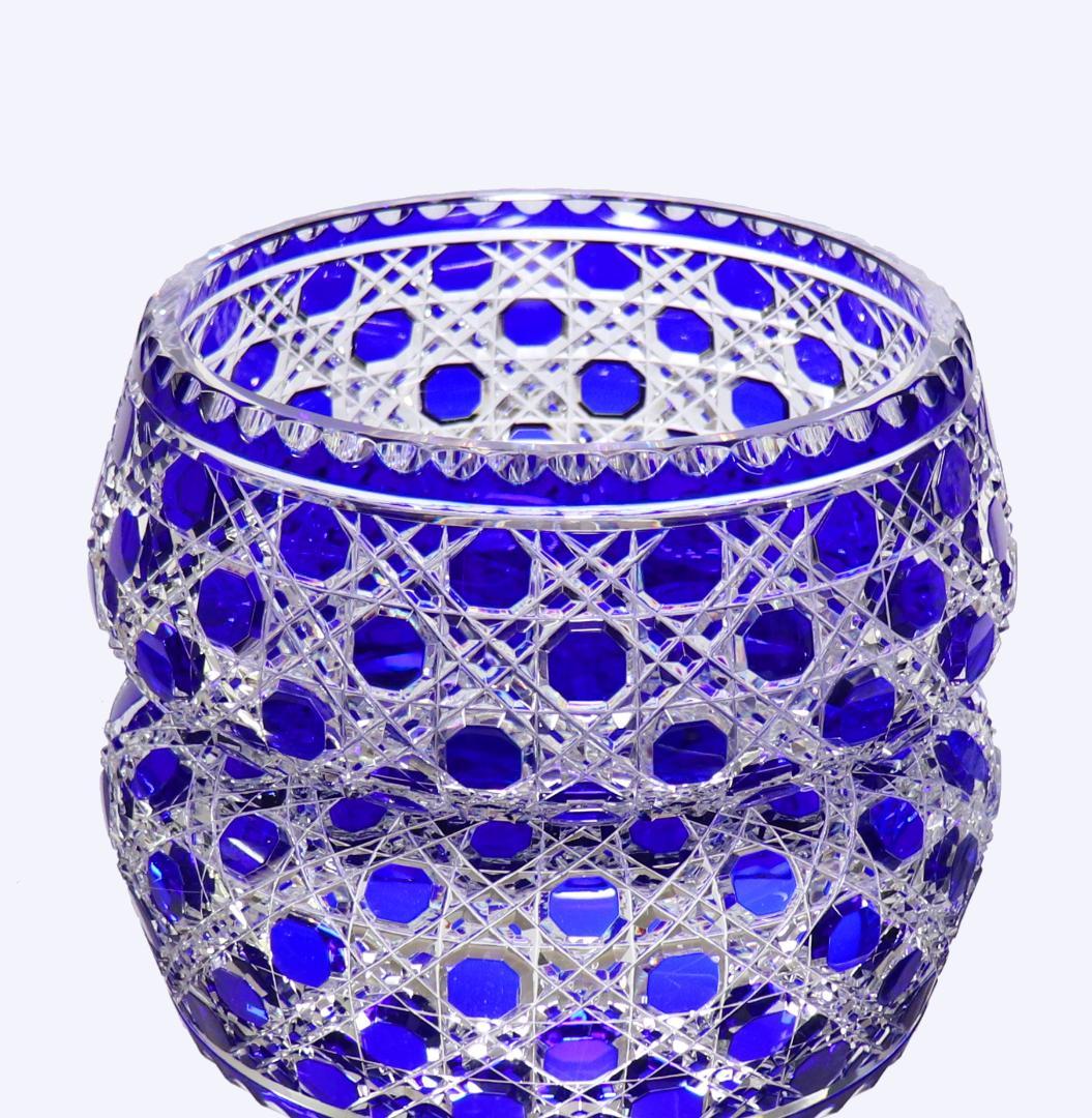 オールド・バカラ上級作品 19世紀 24cm 青色被せ装飾特大切子鉢 ディアマン