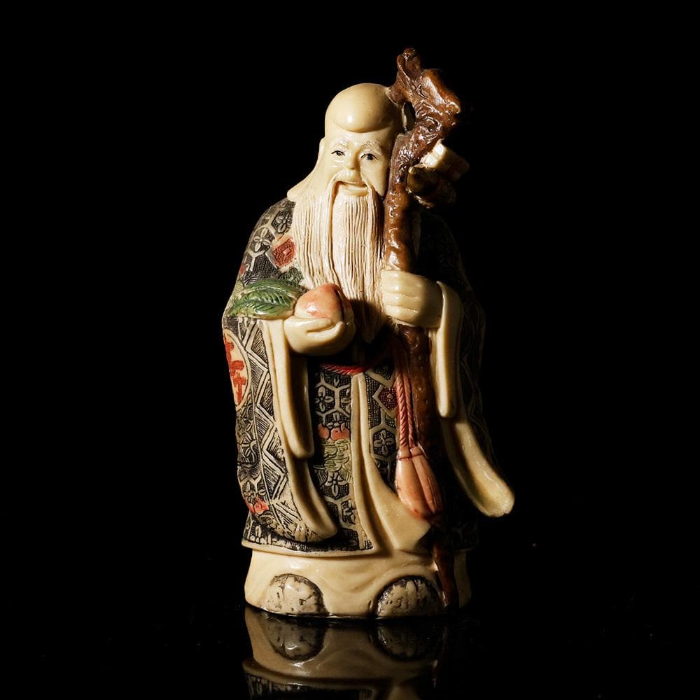 マンモスの牙風　賢人　精密色彩　桃寿　東洋彫刻　仏像　中国　古玩　美術品　七福神