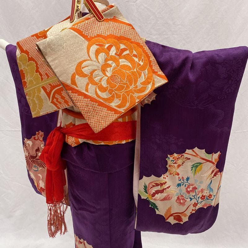 510ag46◎七五三 七歳 女児 アンティーク着物&丸帯 レトロ 鳳凰 紫◎
