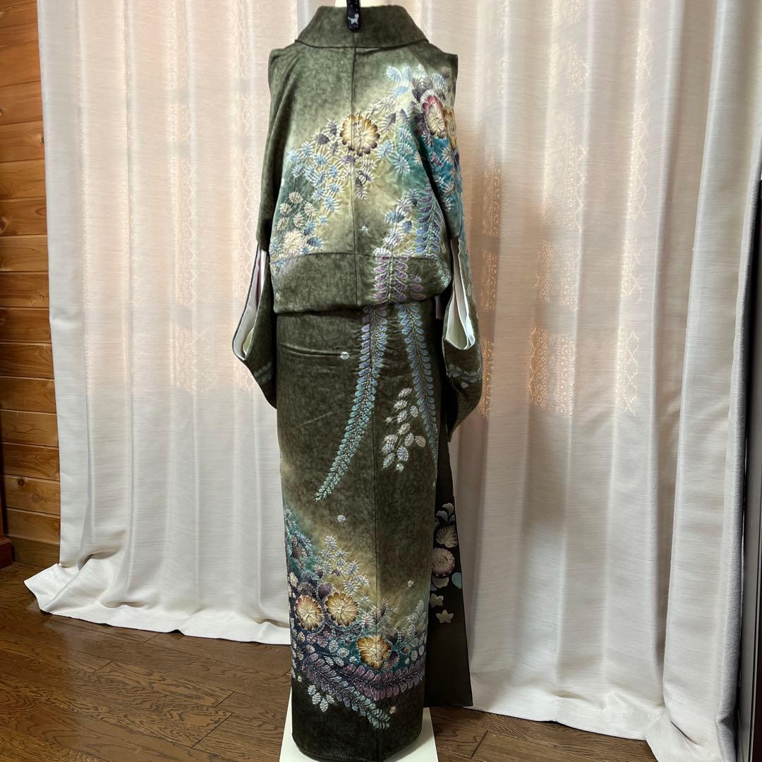 豪華 濃く深い緑からエメラルドグリーンの染め分け 辻ヶ花訪問着 作家物落款あり