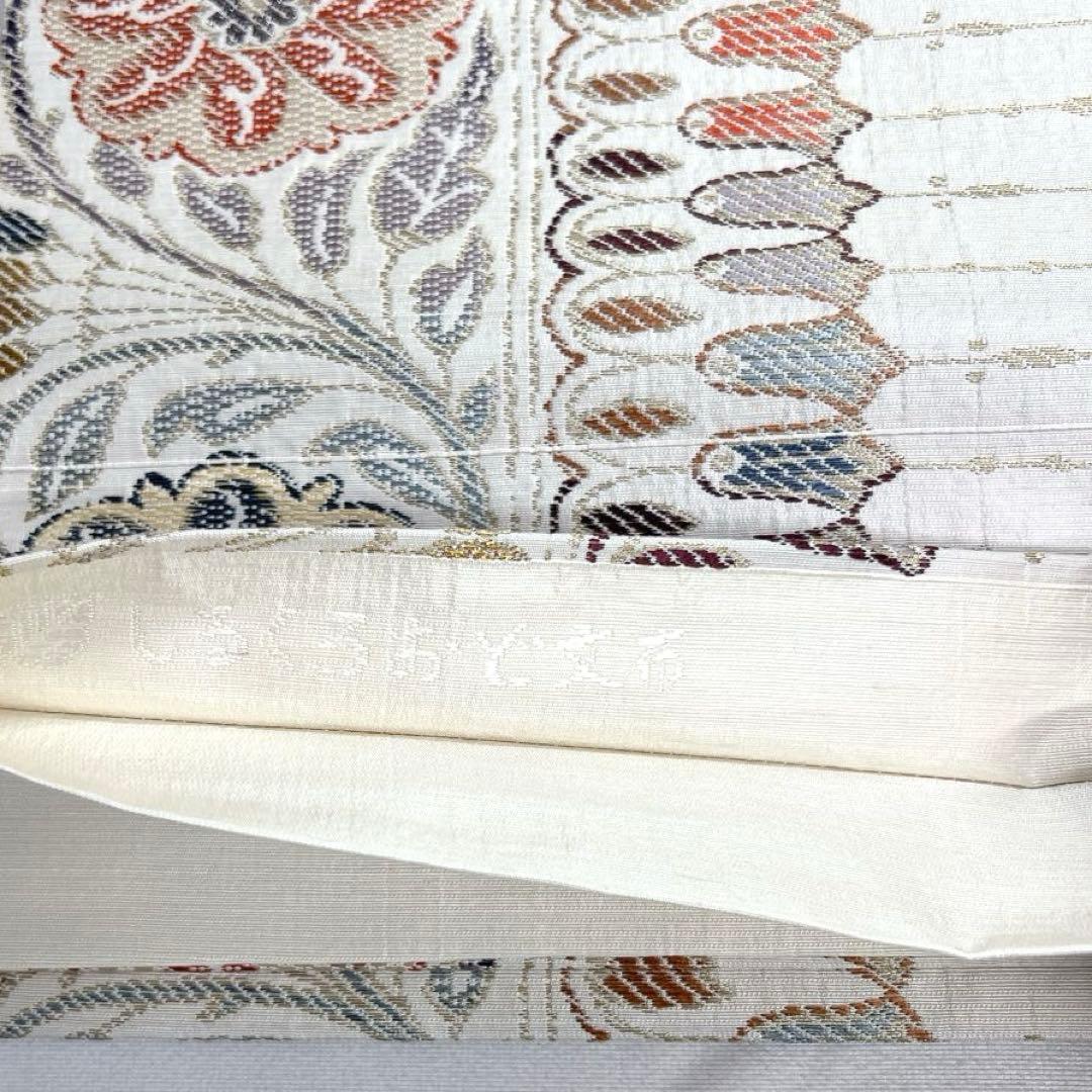 未着用　袋帯　金糸　銀糸　横縞　唐草　花　しるくろおど文布　着物　帯　041k