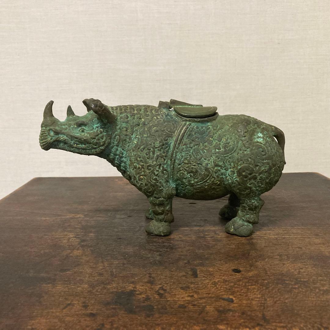古いサイの置物 動物 銅製 オブジェ 香炉 工芸品 古美術 骨董品 レトロ