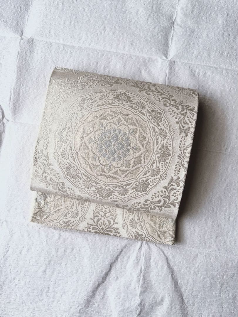 【訳あり特別価格】　正絹　袋帯　六通柄　正倉院華文　アラベスク　銀糸