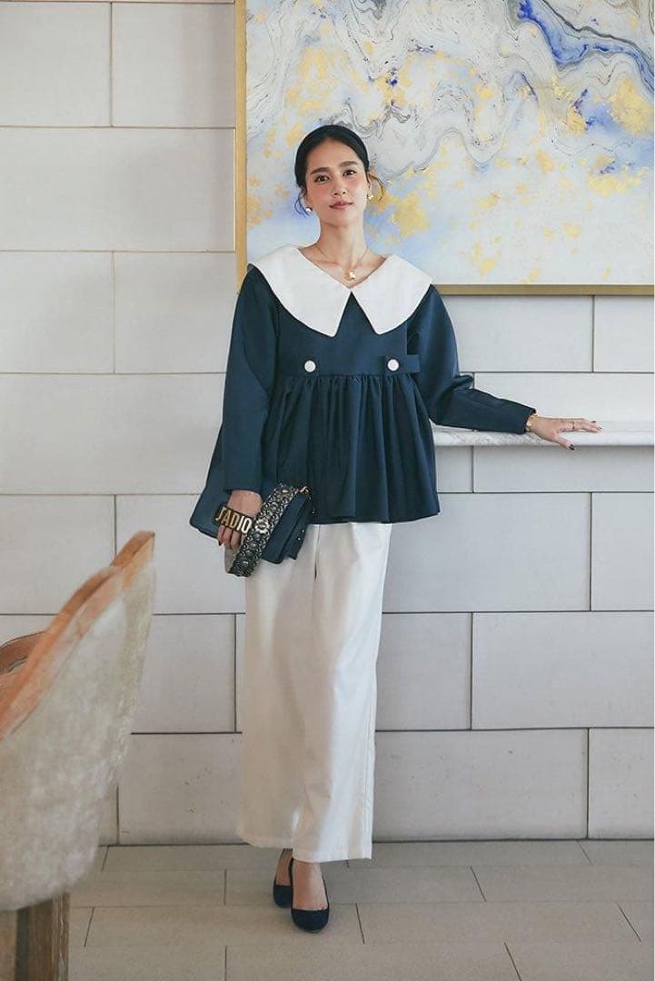 【SEVEN TEN】セブンテン ビッグカラーブラウス ネイビー