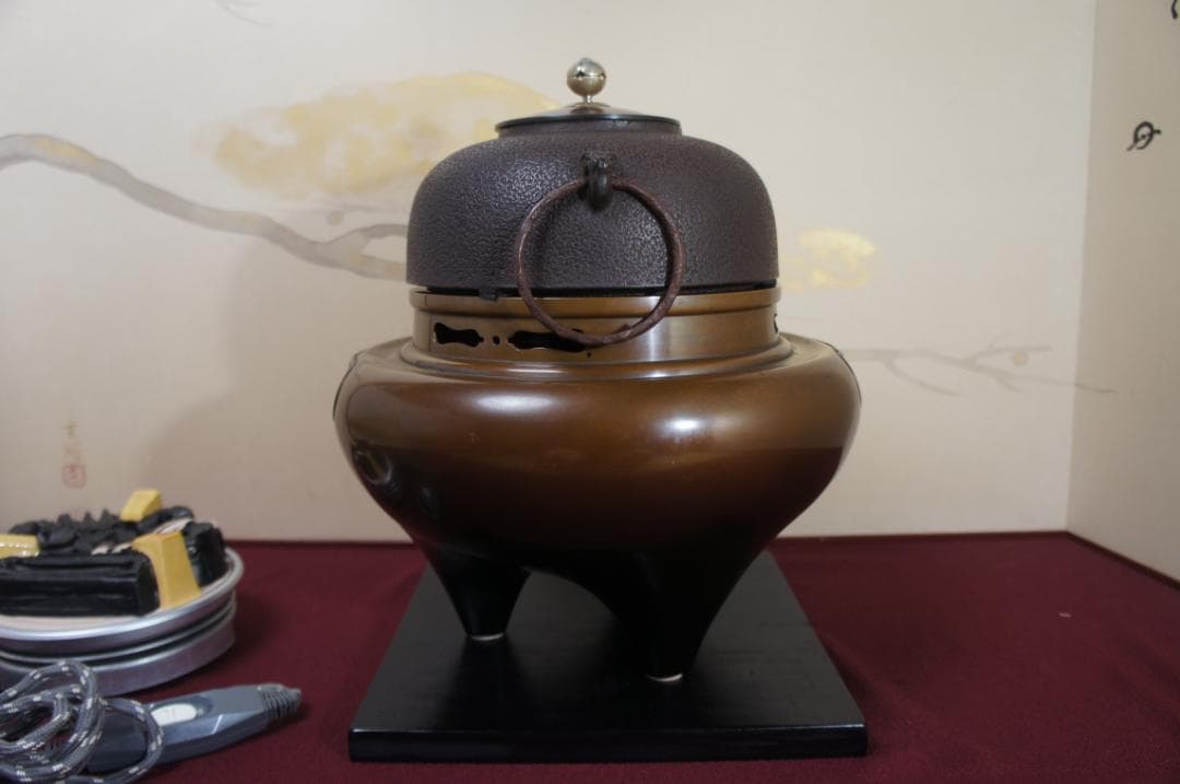 専用☆唐銅朝鮮風炉釜 南鐐(銀)摘み唐銅蓋 釜鐶 410W電熱器 敷板送料込み