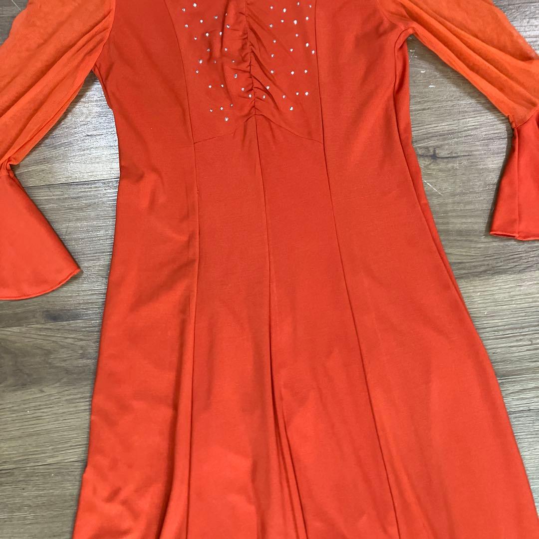 2.3 社交ダンス 舞台衣装 フレアスリーブ ロングドレス オレンジ 衣装