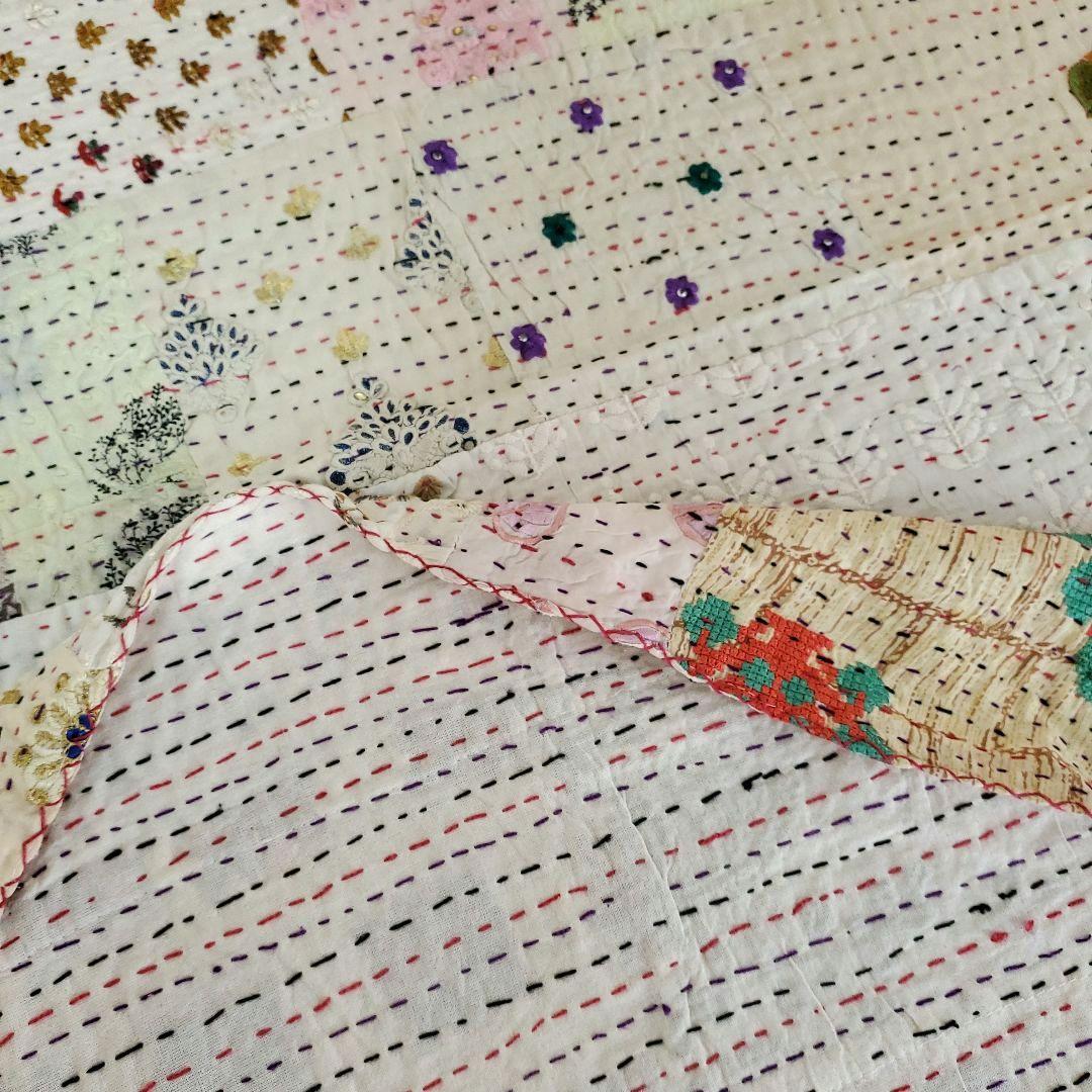 パッチワーク刺繍マルチカバー　ラリーキルト　シングルベッドi