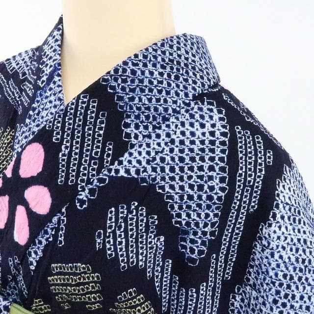 Y1126◆美品 綿 有松鳴海絞り 洗える夏着物 居敷当て付 手縫い 高級浴衣