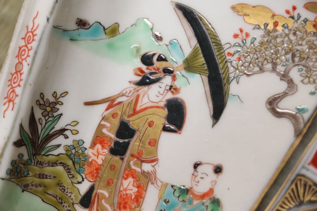 古伊万里 美人図 色絵 角皿 刺身皿 五客 人物 桜 小紋 明治期【MA424】