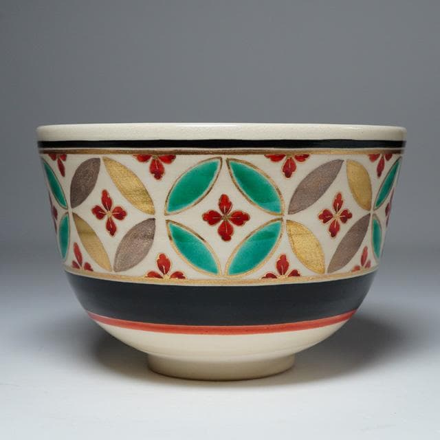 茜窯 岡田華渓　七宝絵茶碗　鵬雲斎宗匠御書付　共箱　茶道具　裏千家　色絵