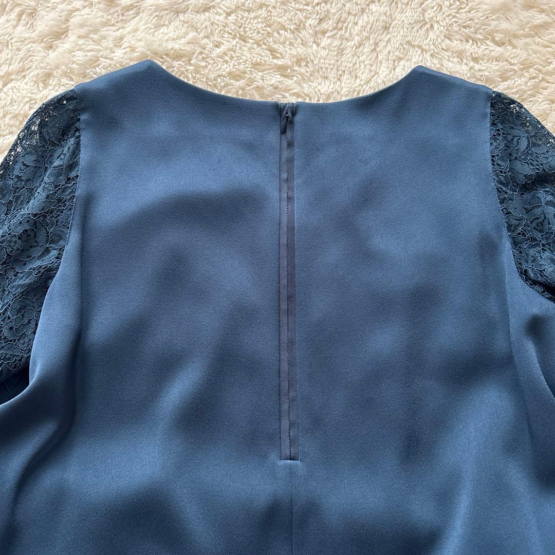 【美品】23区 袖レース 長袖ワンピース　ブルー 光沢 46 大きいサイズ