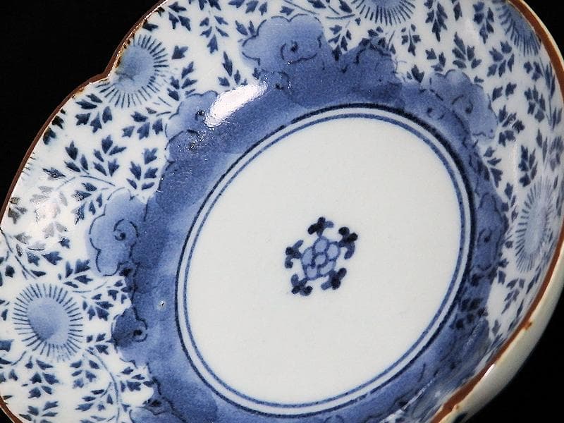 古伊万里　染付　型刷印判　木瓜型　撫子の図　江戸中期　C077AS- BMu