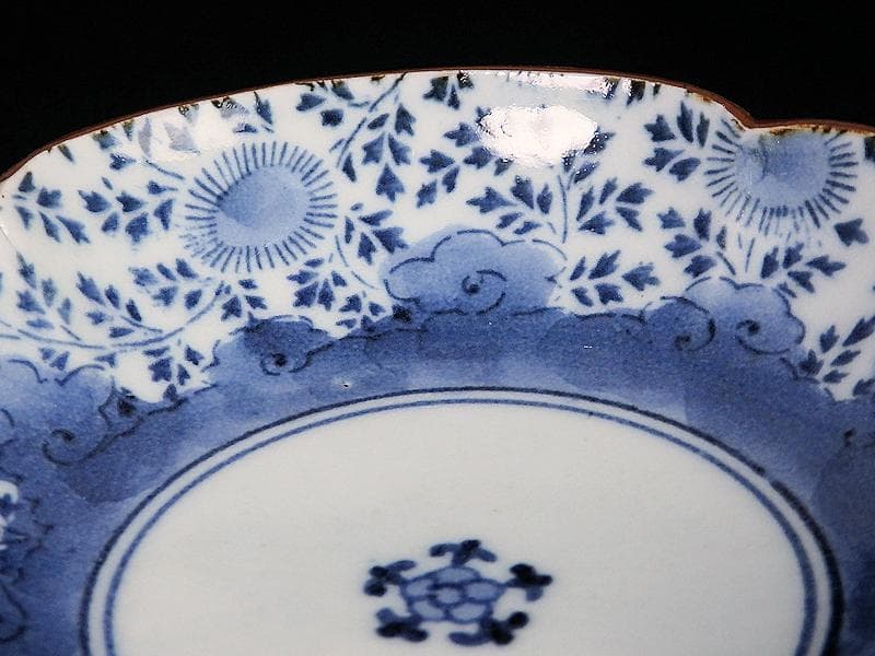 古伊万里　染付　型刷印判　木瓜型　撫子の図　江戸中期　C077AS- BMu