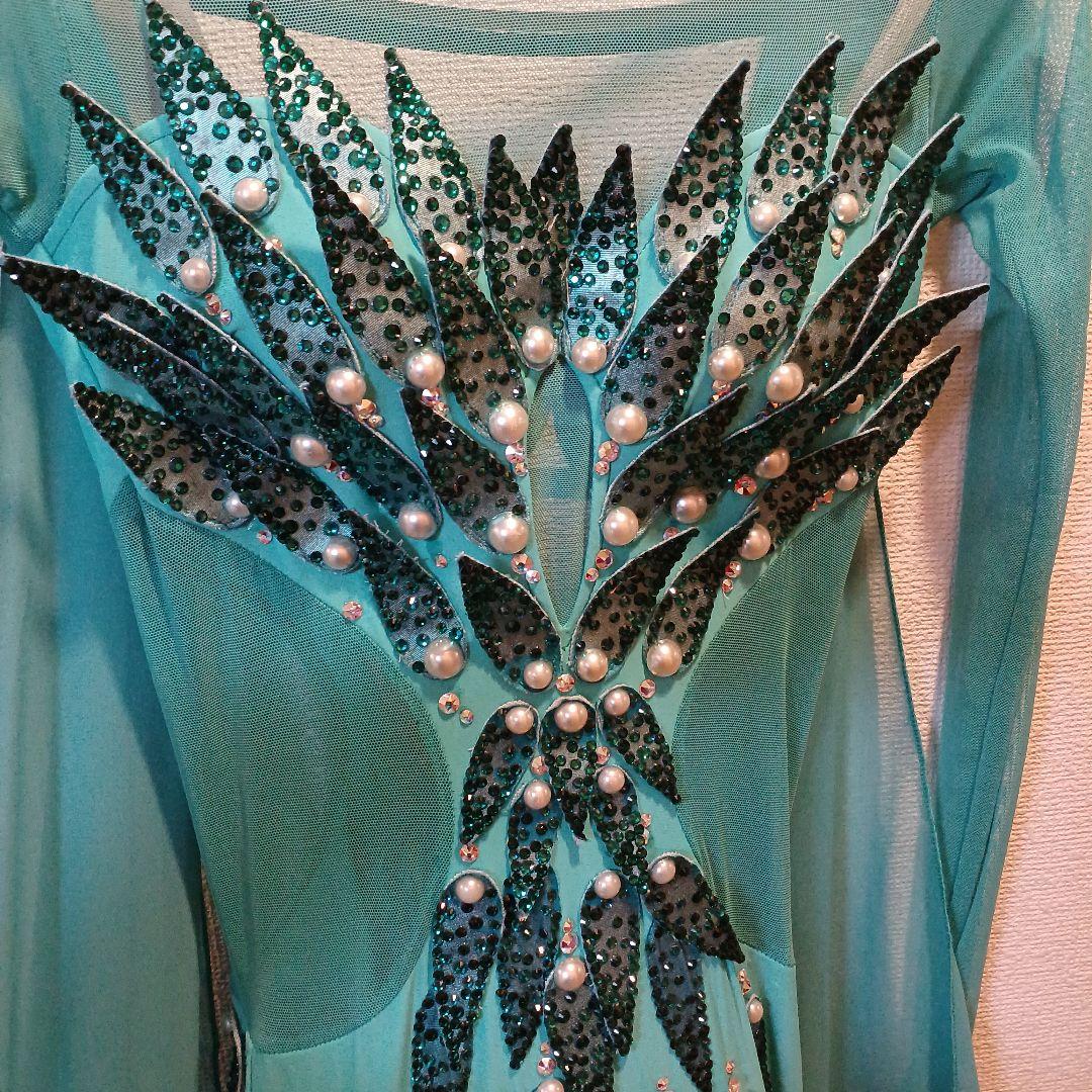 ターコイズ 長袖 社交ダンスドレスTID