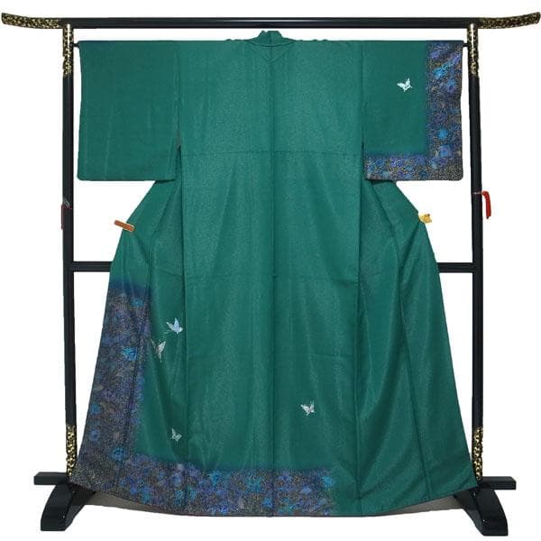訪問着 袷 金彩加工 銀通し 手染め 緑 揚羽蝶 裄66 Ｌ 中古 sn1878