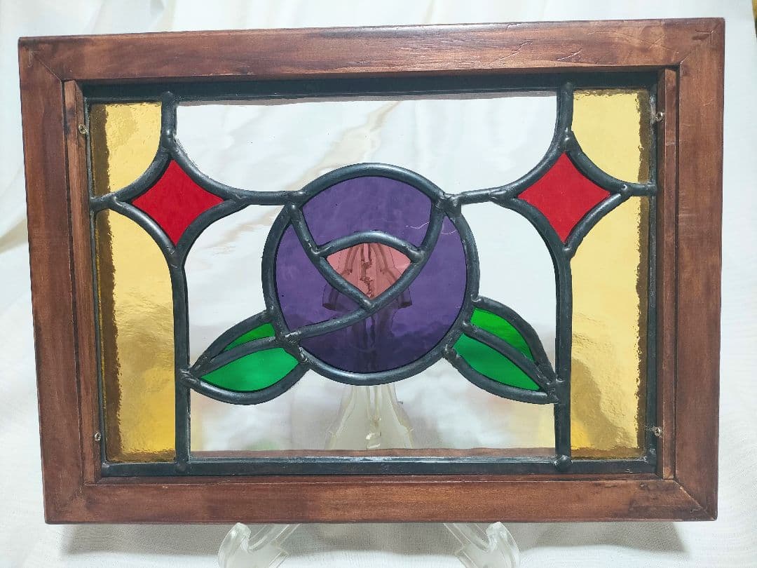 ステンドグラス 紫バラパネル ハンドメイド
