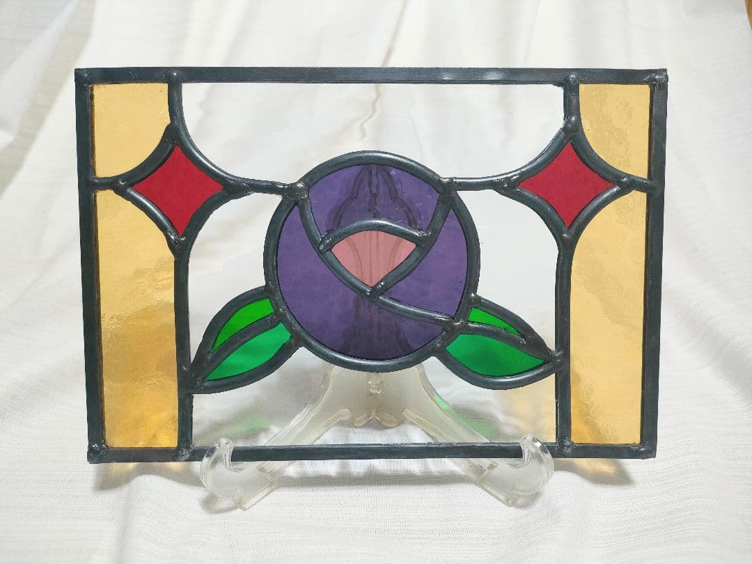 ステンドグラス 紫バラパネル ハンドメイド