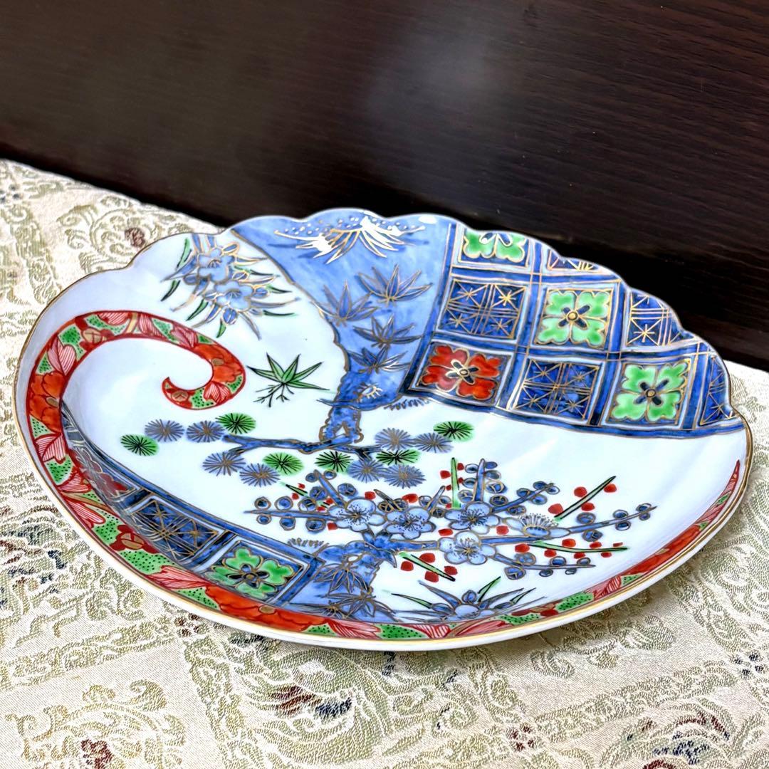 未使用保管✨九谷焼 芳岳 染錦松竹梅 鮑型 皿 単品✨中皿 皿 吉祥 新春 正月