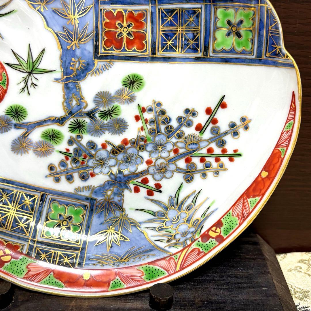 未使用保管✨九谷焼 芳岳 染錦松竹梅 鮑型 皿 単品✨中皿 皿 吉祥 新春 正月