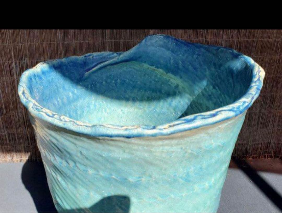 青緑色の水鉢 信楽焼　メダカ鉢　睡蓮鉢　花器　傘立て　高さ58㎝　No.32