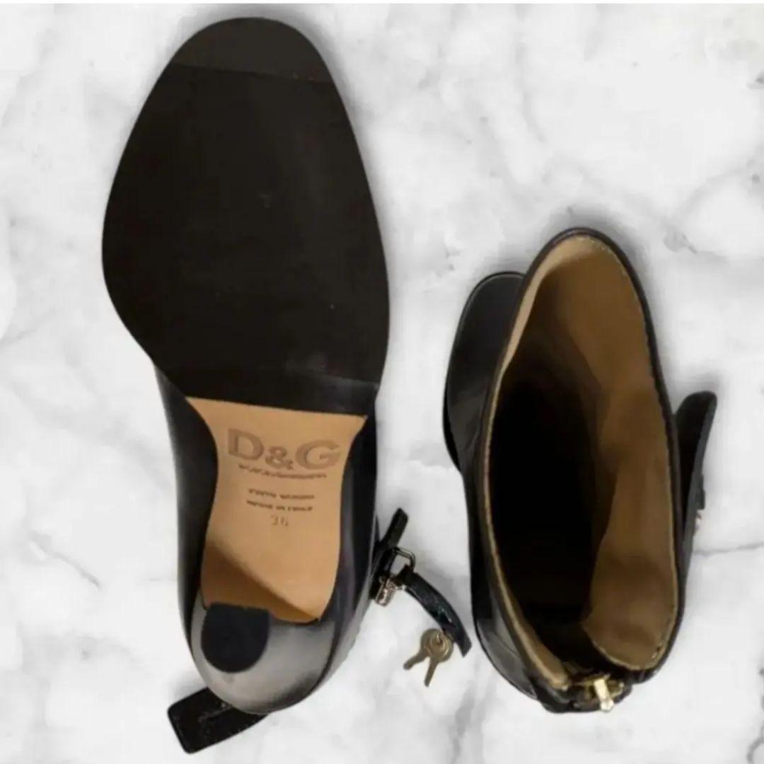 良品 Dolce & Gabbana 黒革 ショートブーツ 23cm 南京錠雪冬