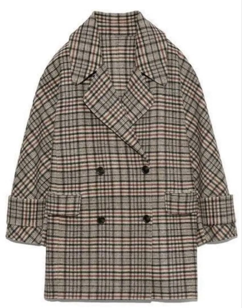 美品☆Mila owenフラップポケットハーフ丈コクーン接結コート チェック柄