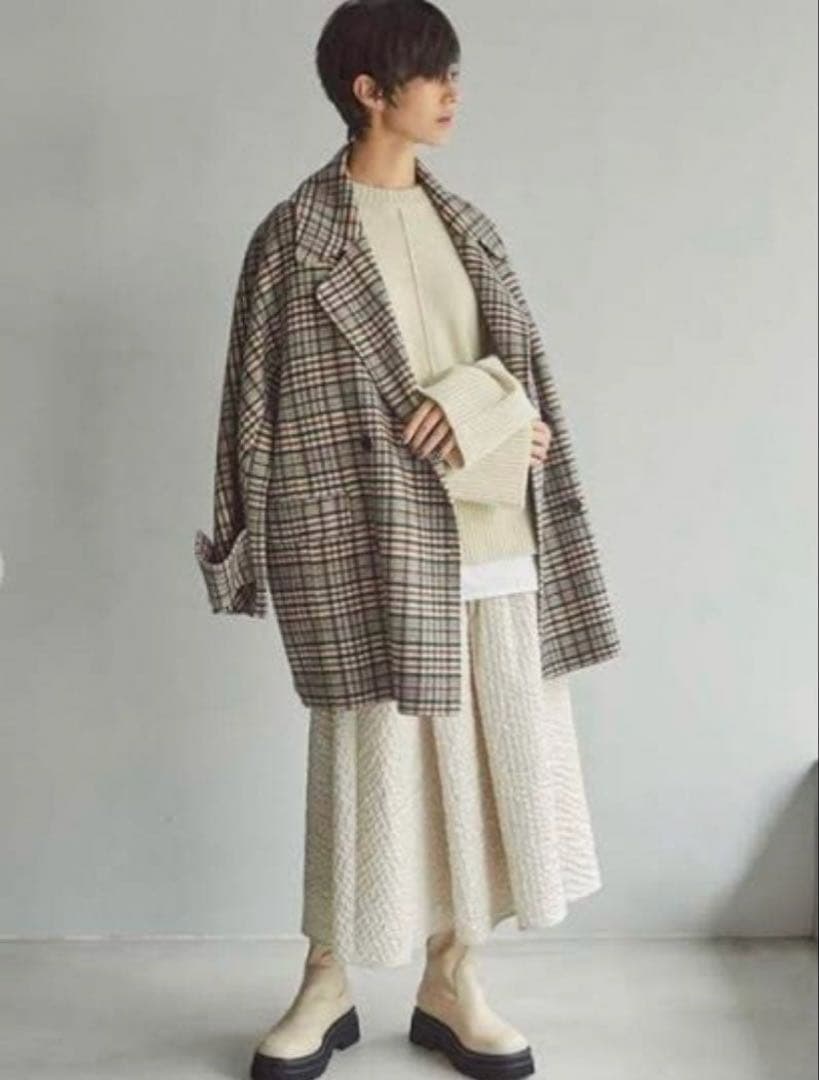 美品☆Mila owenフラップポケットハーフ丈コクーン接結コート チェック柄