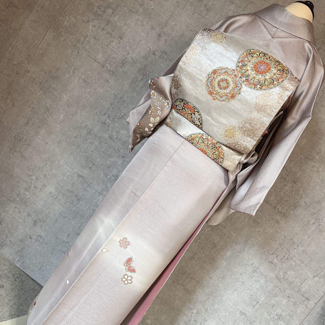 訪問着　フルセット　正絹　付け下げ　着物　蝶　桜　花　金　Ｉ9