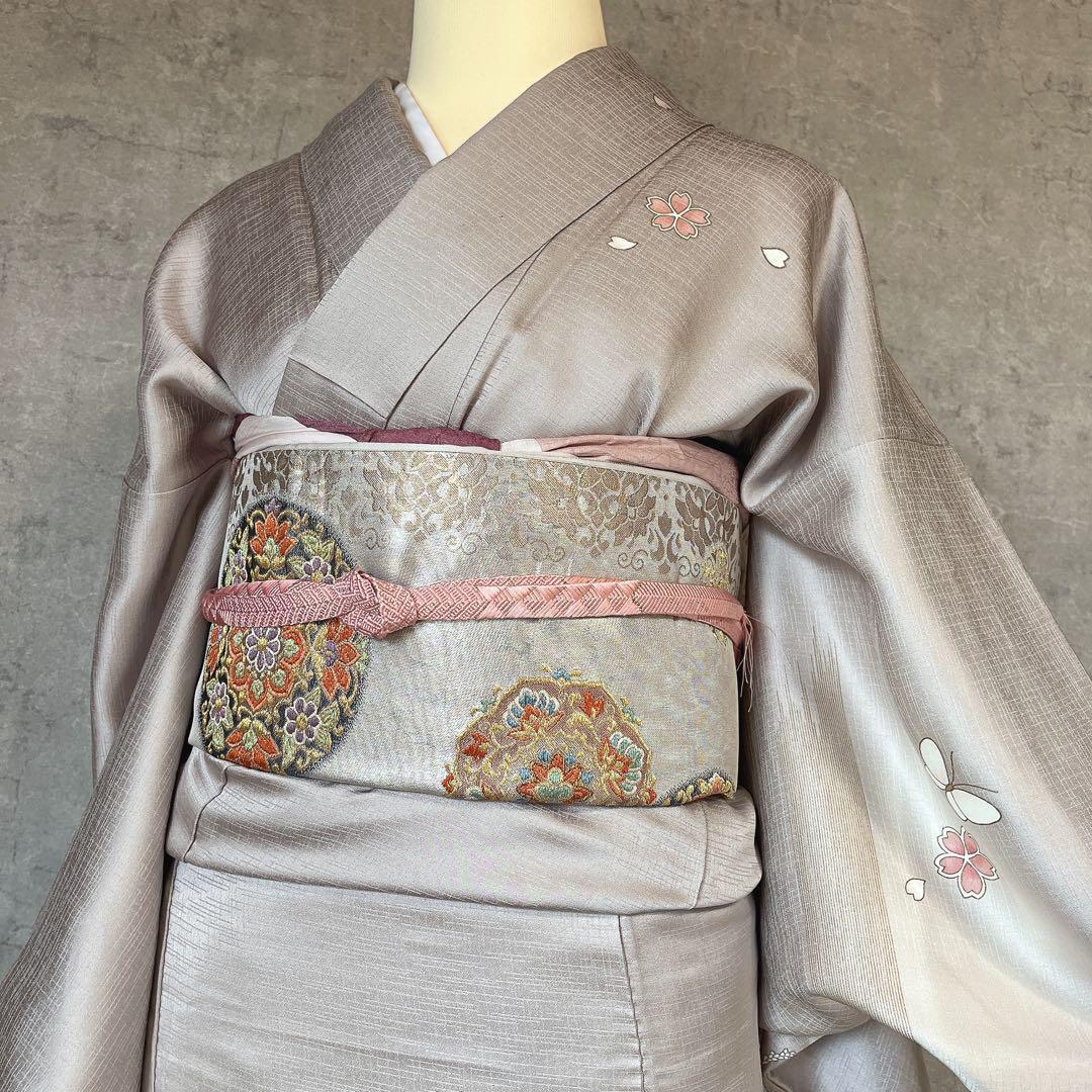 訪問着　フルセット　正絹　付け下げ　着物　蝶　桜　花　金　Ｉ9