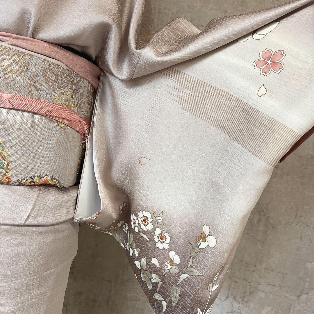 訪問着　フルセット　正絹　付け下げ　着物　蝶　桜　花　金　Ｉ9