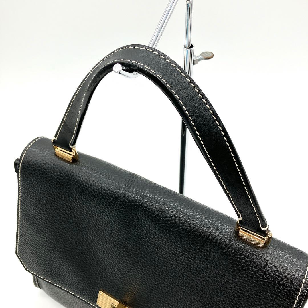 美品　BALLY ハンドバッグ　Bターンロック　ブラック　シュリンクレザー