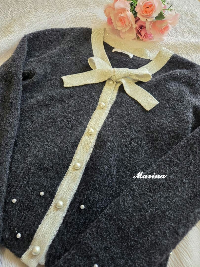 ルネ　リボン　パール　カーディガン　34 グレー