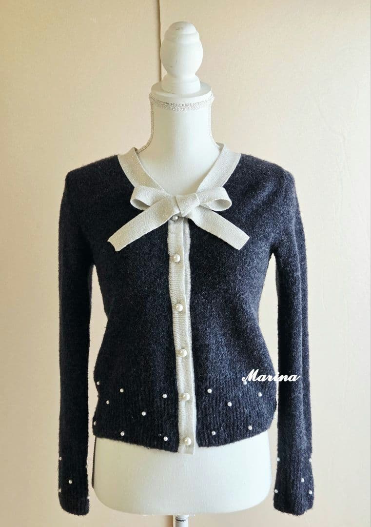 ルネ　リボン　パール　カーディガン　34 グレー