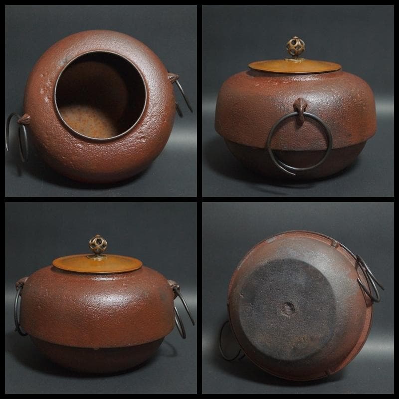 茶道具 大型朝鮮風炉 唐銅鬼面風炉 鉄釜 双龍耳 銅製蓋 総重さ7.9kｇ