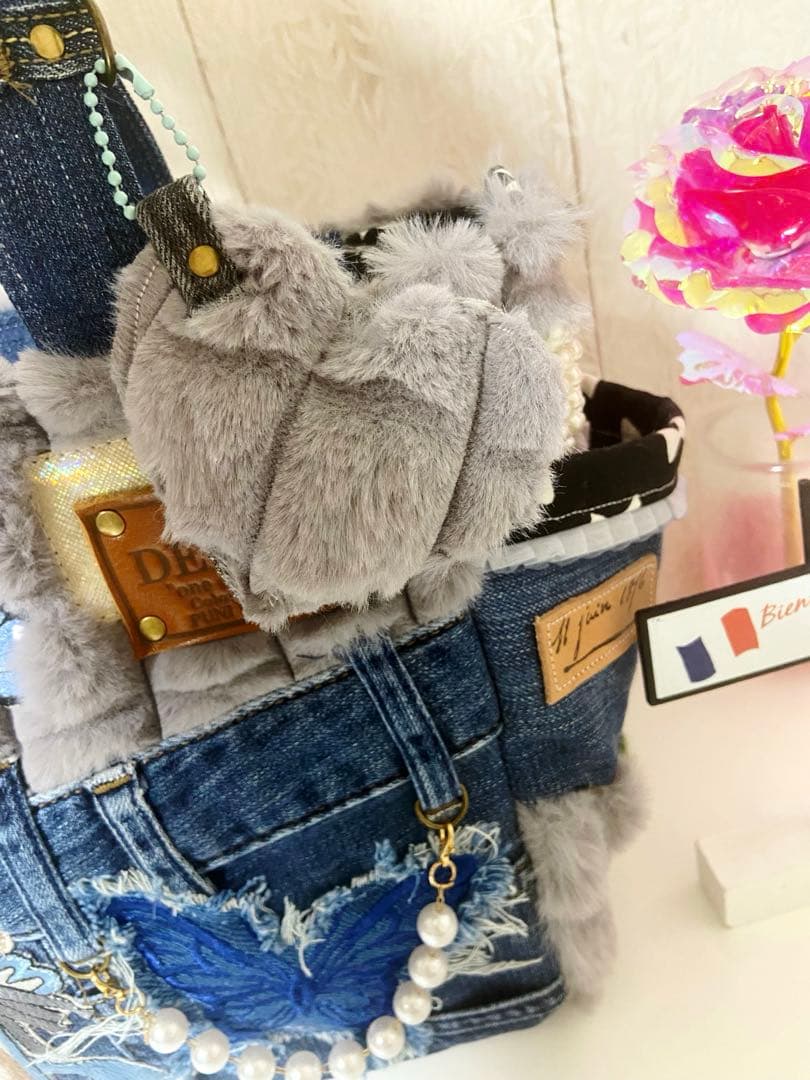 デニムリメイクバック　グレーふわもこ×うさぎ