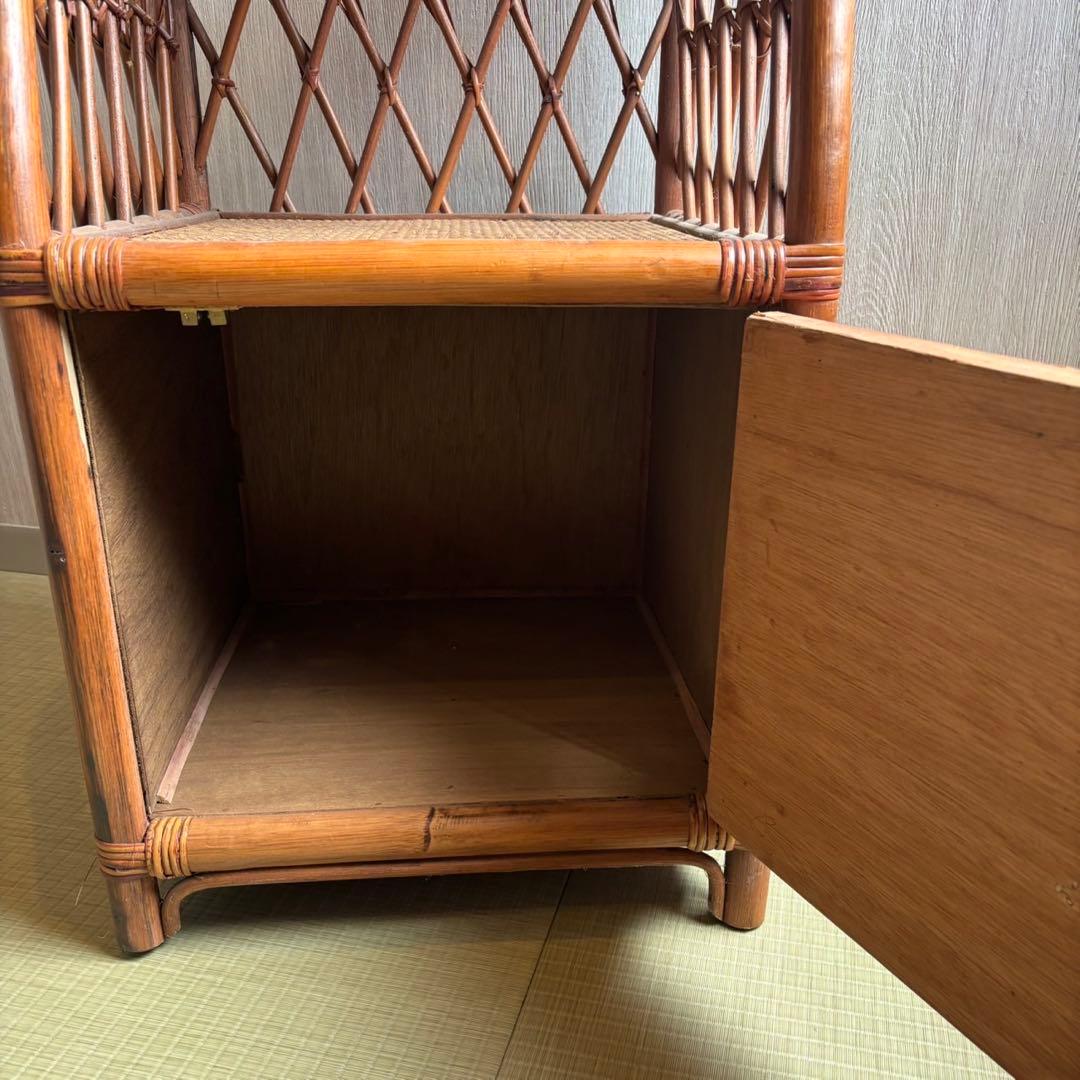 Ky80　昭和レトロ　ラタン　電話台　籐家具　ラタンラック　扉付き収納