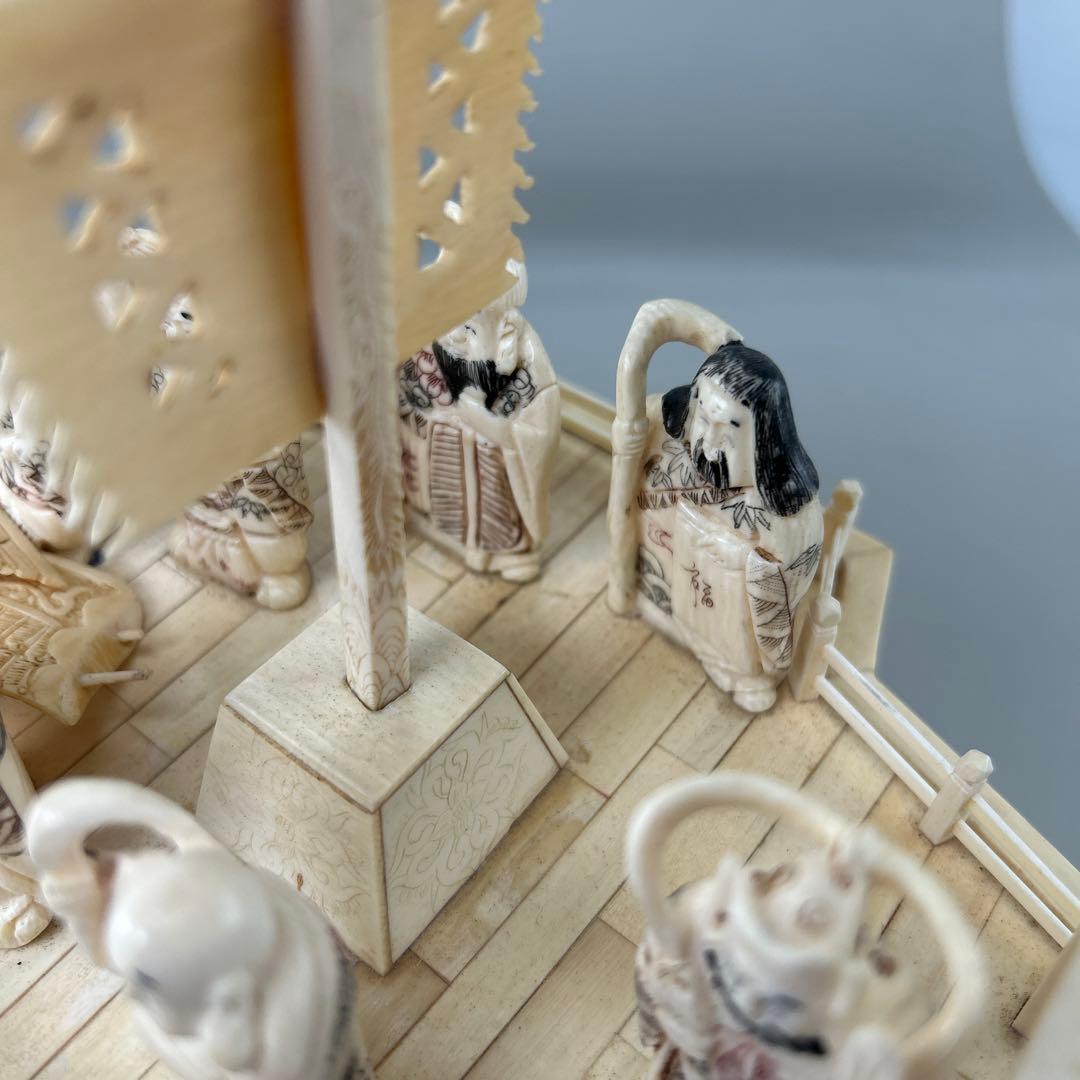 細工 彫刻 宝船七福神　根付　時代物置物人物 開運 長24cm 高28cm