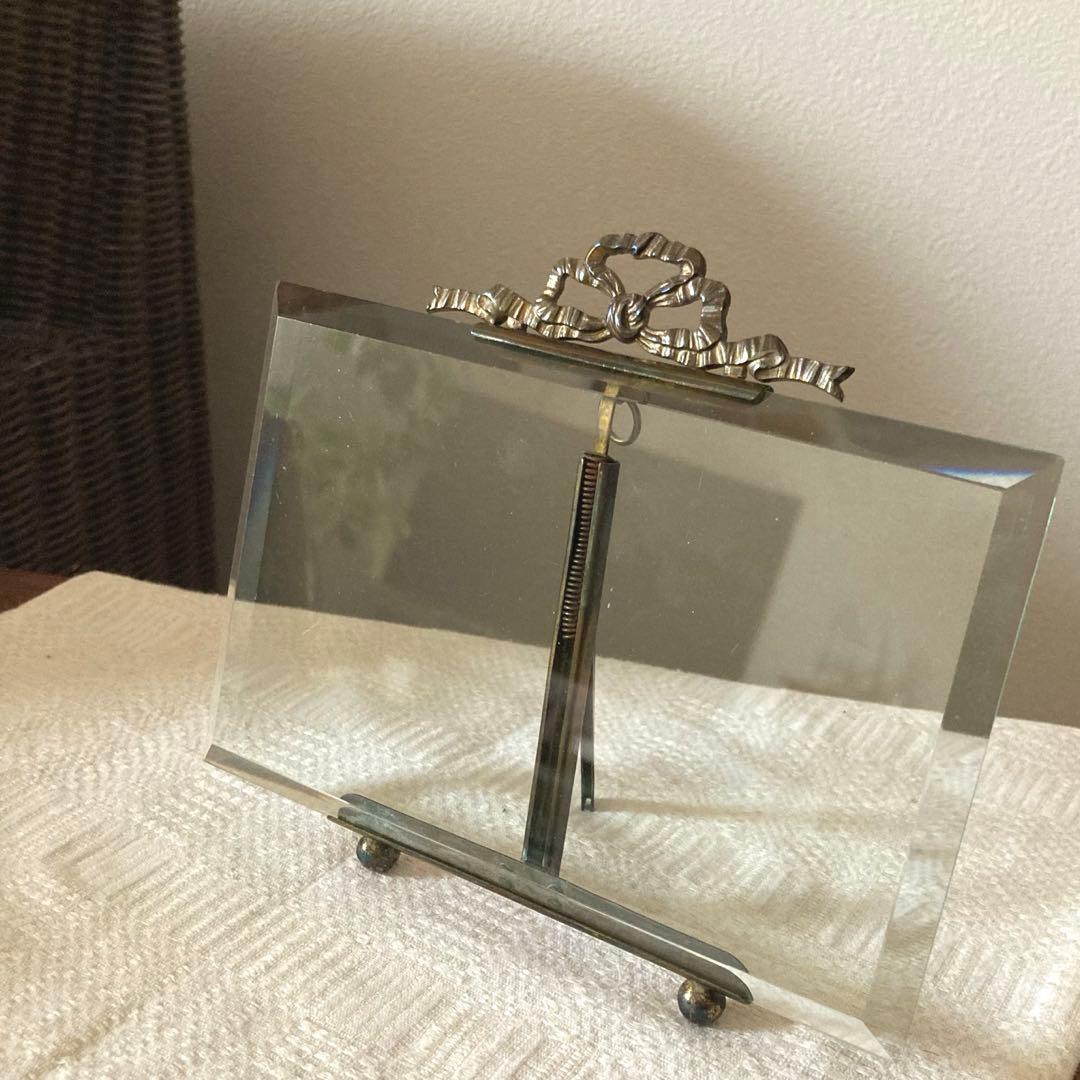 フランスアンティーク　ガラスと真鍮　リボンモチーフのフレーム希少サイズ