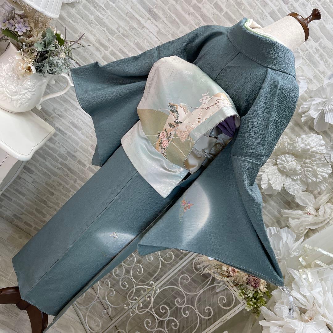 青緑色 小紋着物 刺繍入り