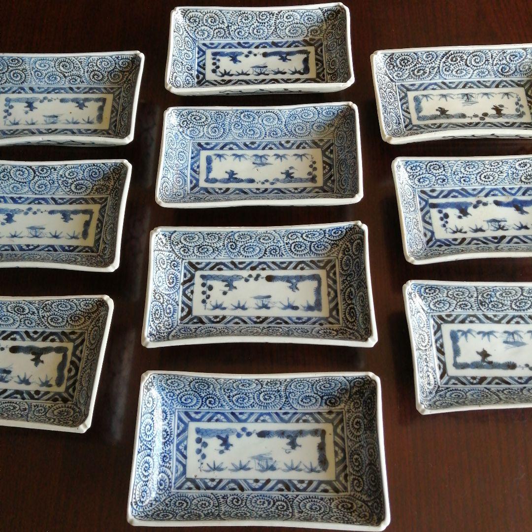 古伊万里　大明成化年製　染付蛸唐草長皿　10枚　19.5cm　江戸後期