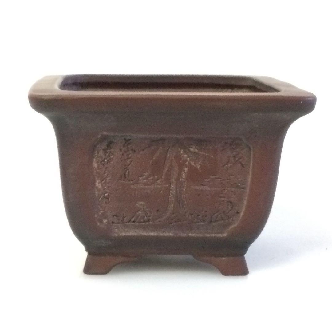 常滑焼 盆栽鉢 朱泥彫東海道五十三次図外縁額入下帯段足正方鉢 平田美芸作T477