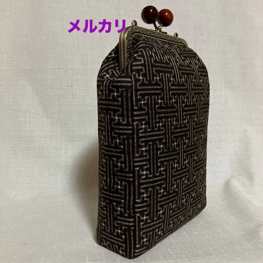 泥大島紬龍郷　秋名バラ８玉　がま口スマホショルダーバッグ　ハンドメイド