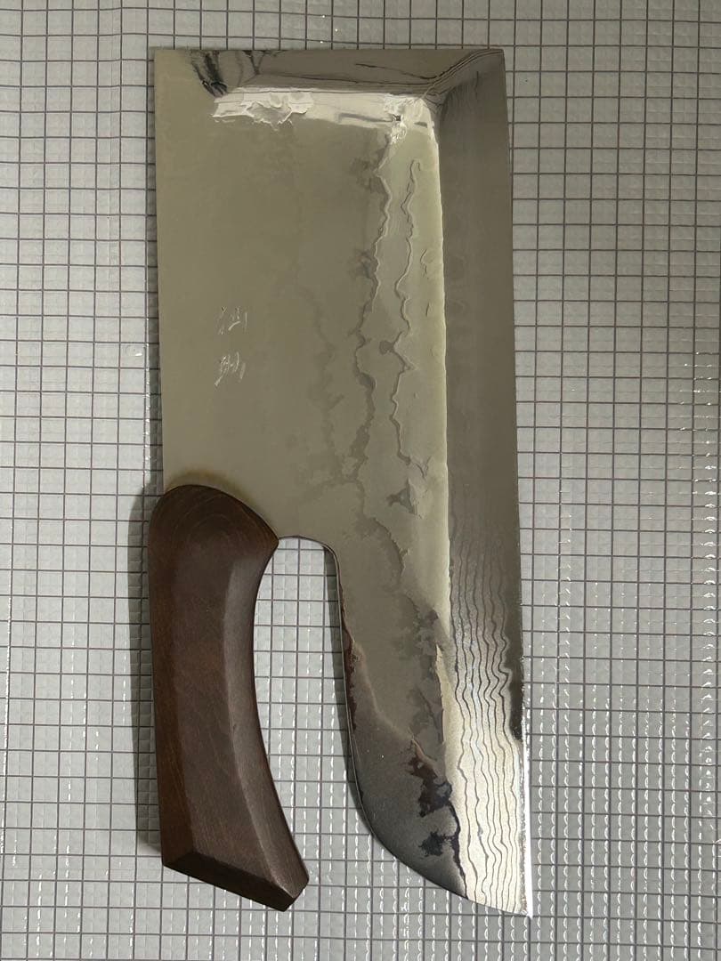 仙助 蕎麦包丁 ダマスカス 鏡面仕上げ 安来鋼青紙二号 330mm 檜茶色曲柄