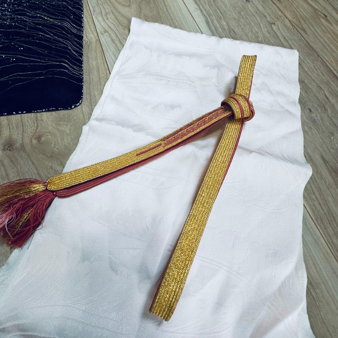 超美品　正絹　袷　訪問着　着物　帯揚げ　帯締め　袋帯　4点　152裄65 黒　白